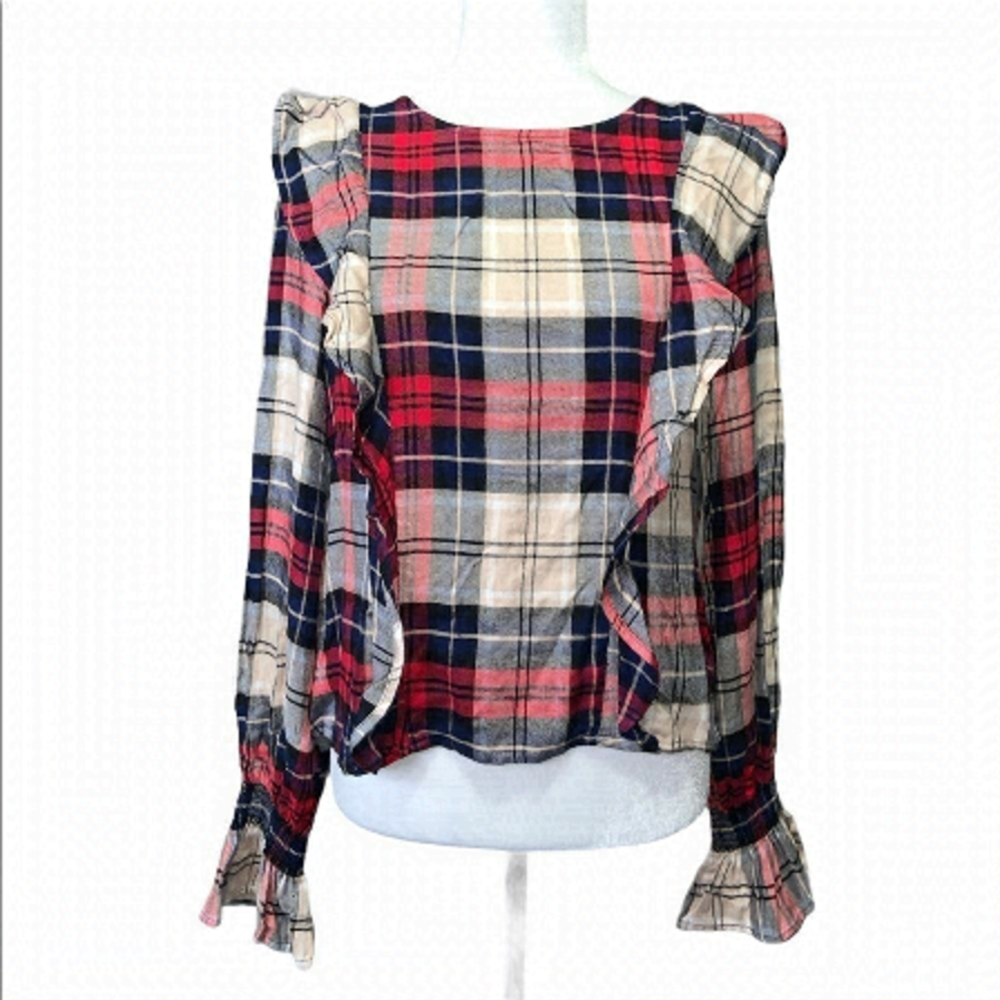 🆕 Kensie Plaid Bell Sleeve Ruffle Check Long Slv
